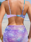 3 Piece Ombre Sexy V-Neck High Cut Bikini Set - Stretchy Polyester Swimsuit with Spaghetti Straps, Random Print, and Matching Cover Up Skirt - Hand Wash Only, Quick Drying, High Stretch, and Elastane Lining for Comfortable Fi