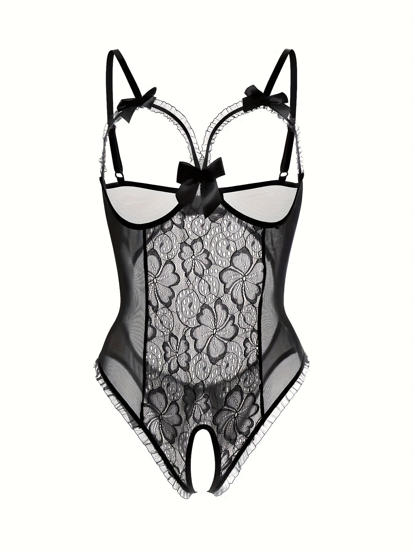 Seductive Floral Lace Ruffle Bodysuit - Sheer Open Bust Mesh Teddy with Intricate Hollow Out & Bow Accent - Intimate Open Crotch, Feminine Lingerie for Women