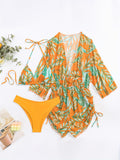 3-Piece Leaf Print Bikini Set - Flattering Halter Neck, High Waist, Adjustable Drawstring Cover Up - Perfect for Koningsdag/Kings Day Celebrations - Stylish Womens Swimwear Ensemble
