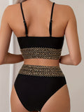 2 Piece Golden Contrast Band Sequin V Neck Bikini Set, High Waisted Stretchy Swimsuits with Spaghetti Strap for Women, Perfect for Carnival & Music Festival
