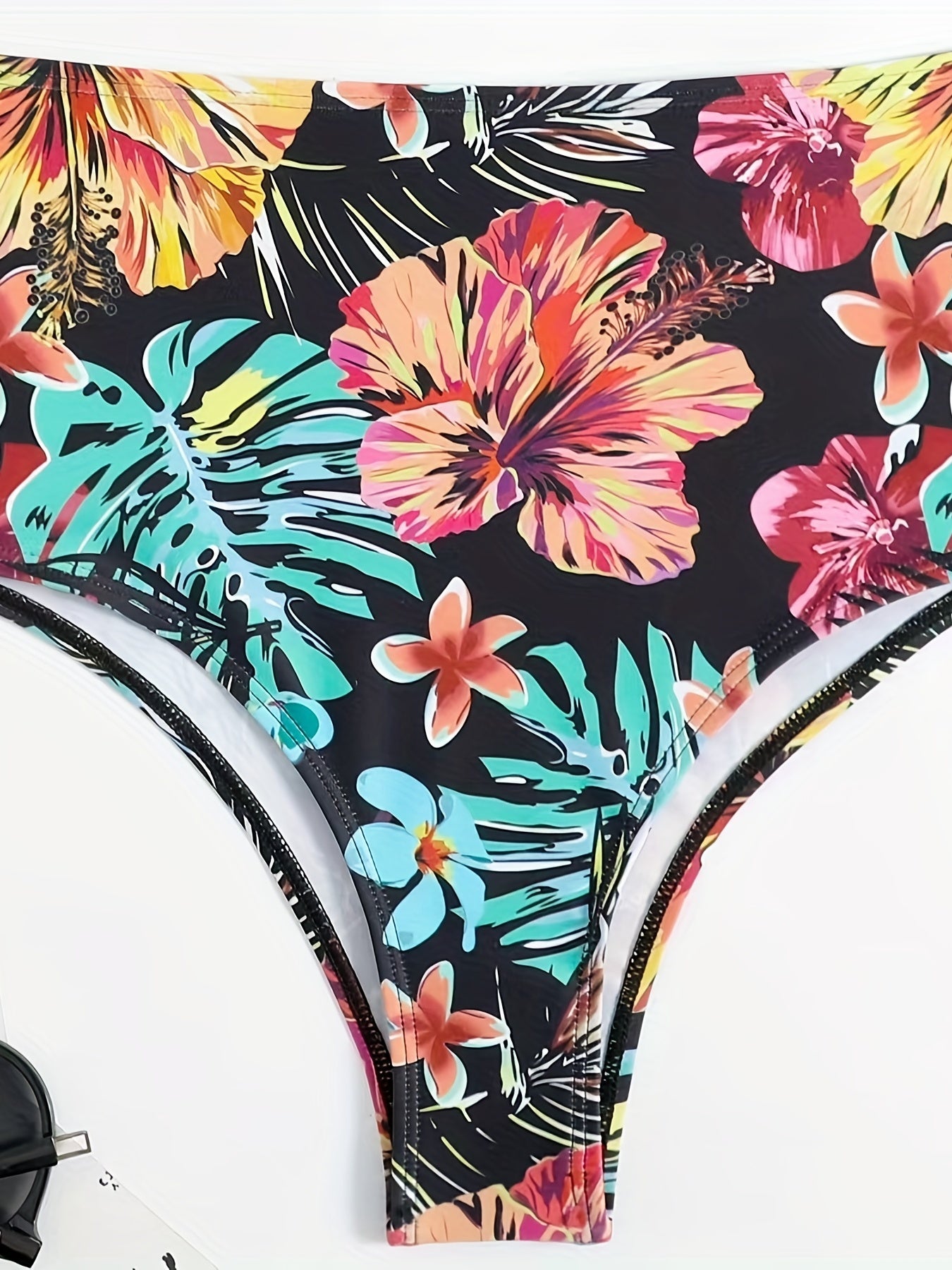 Tropical Floral Print High Waist Black 2 Piece Set Bikini, Tie Back Spaghetti Strap Stretchy Swimsuits, Women's Swimwear & Clothing