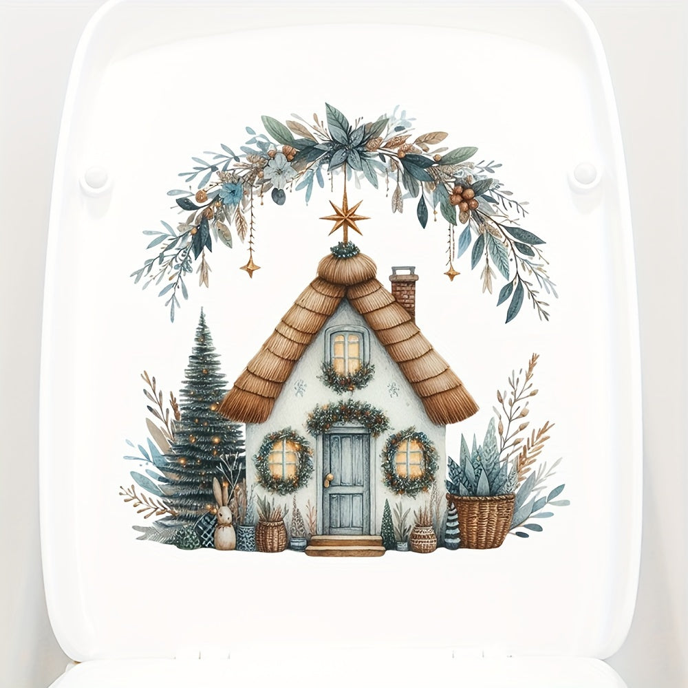 Christmas House Toilet Lid Decal - Self-Adhesive PVC Bathroom Decor, Ceramic Surface Compatible, Single Use, Irregular Shape, Semi-Matte Finish - Festive Home Accent Sticker