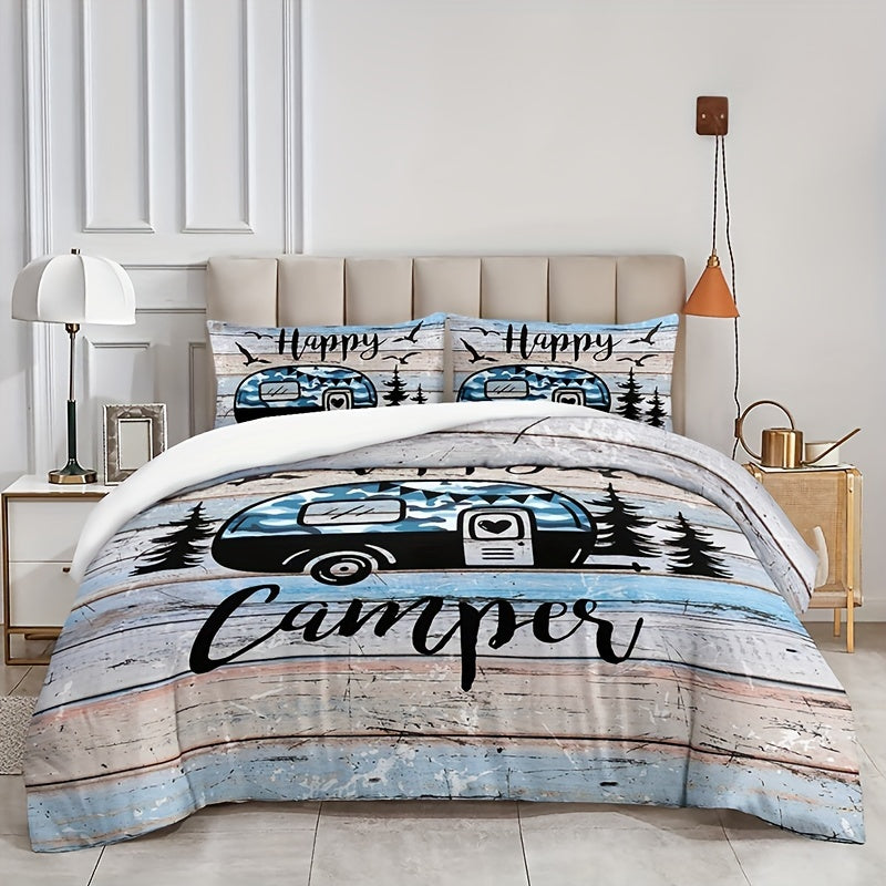 3-Piece Camping Forest Car Print Duvet Cover Set - Soft, Comfortable, and Fashionable Bedding for Bedroom and Guest Room - Includes 1 Duvet Cover and 2 Pillowcases, No Filling