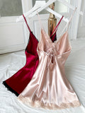 2 Pcs Satin Lace Trim Solid Nightgown, V Neck Cross Strappy Backless Slip Dress, Sexy Women's Sleepwear