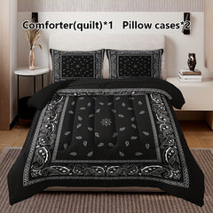 3pcs Boho Black Paisley Quilt Set (1 Quilt + 2 Pillowcases, Without Pillow Core), Four Seasons Quilted Bedding Soft Comfortable Breathable Printed Quilt For Home Dormitory