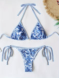 Stylish Porcelain Pattern Two-Piece Women's Bikini Swimwear Set - Fashionable Beachwear with Tie Closures, Adjustable Straps, and Ruffled Trim - Perfect Summer Bathing Suit for Beach, Pool, or Water Park Fun