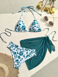 3pcs Floral Polyester Bikini Set, High Stretch Knit Fabric, Solid Color with Tie Waist Detail