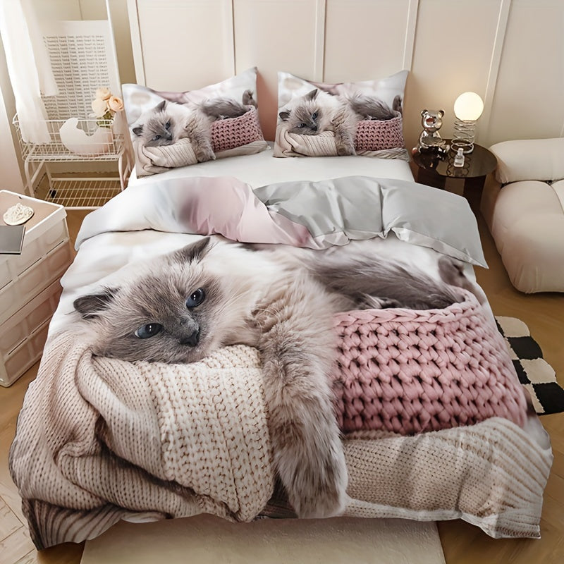 3pcs Polyester Duvet Cover Set (1*Duvet Cover + 2*Pillowcase, Without Core), Fashion Cute 3D Cat Print All Season Bedding Set, Soft Comfortable Duvet Cover, For Bedroom, Guest Room