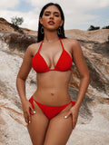 Sexy Solid Red Triangle Bikini - Stretchy V Neck, Tie Back, Halter Tie Side, 2 Piece Set - Perfect for Beach, Pool, Bathing, Women's Swimwear & Clothing