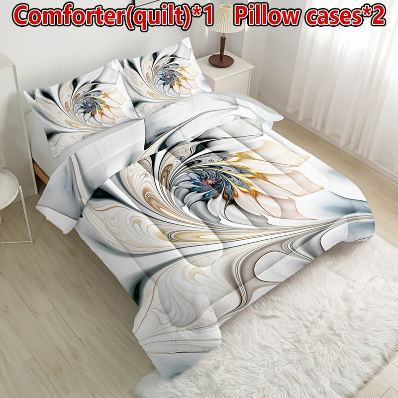 All-Season Elegance: 3pc Soft Woven Marble Pattern Quilt & Pillowcase Set, Easy-Care Polyester