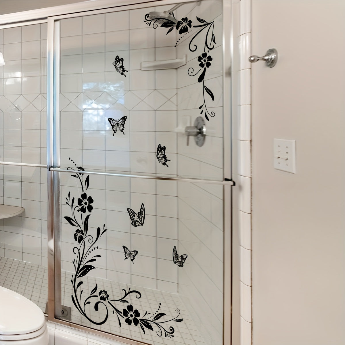 Elegant Black Floral & Butterfly Vine Mirror Decal - Self-Adhesive Wall Sticker For Bathroom And Home Decor