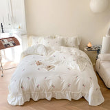 Qfdian Coquette Roses Ruffle Duvet Cover & Sham Set