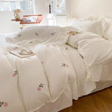 Qfdian Coquette Roses Ruffle Duvet Cover & Sham Set