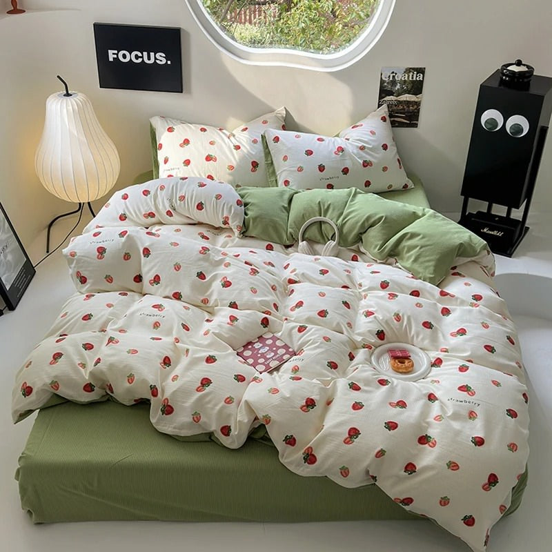 Qfdian Cute Strawberry Print Bedding Set