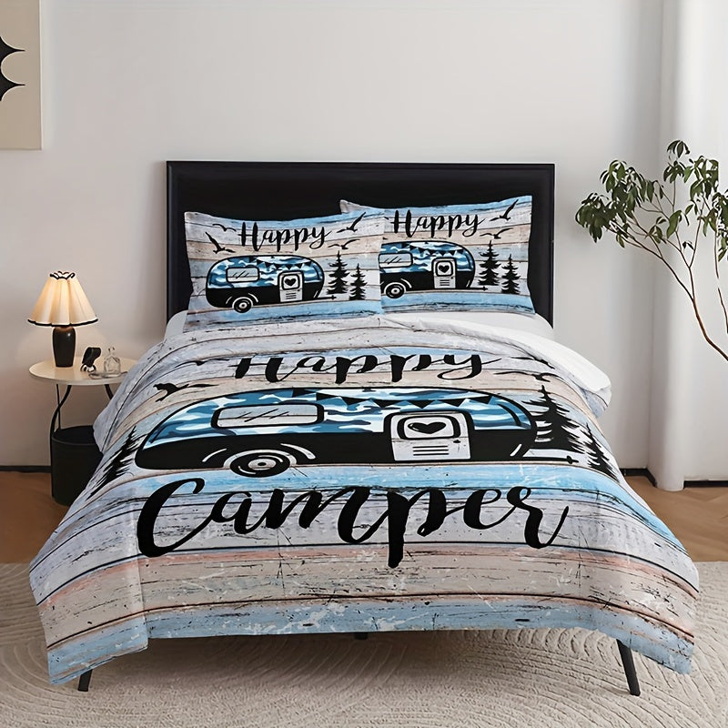 3-Piece Camping Forest Car Print Duvet Cover Set - Soft, Comfortable, and Fashionable Bedding for Bedroom and Guest Room - Includes 1 Duvet Cover and 2 Pillowcases, No Filling