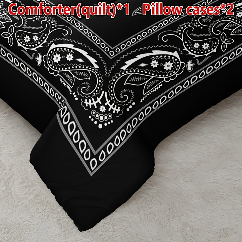 3pcs Boho Black Paisley Quilt Set (1 Quilt + 2 Pillowcases, Without Pillow Core), Four Seasons Quilted Bedding Soft Comfortable Breathable Printed Quilt For Home Dormitory