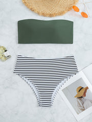 Two Piece High Rise Striped Print Bandeau Swimsuit, Army Green Strapless Tube Top, Black & White Striped Bottom Bikini Sets for Women