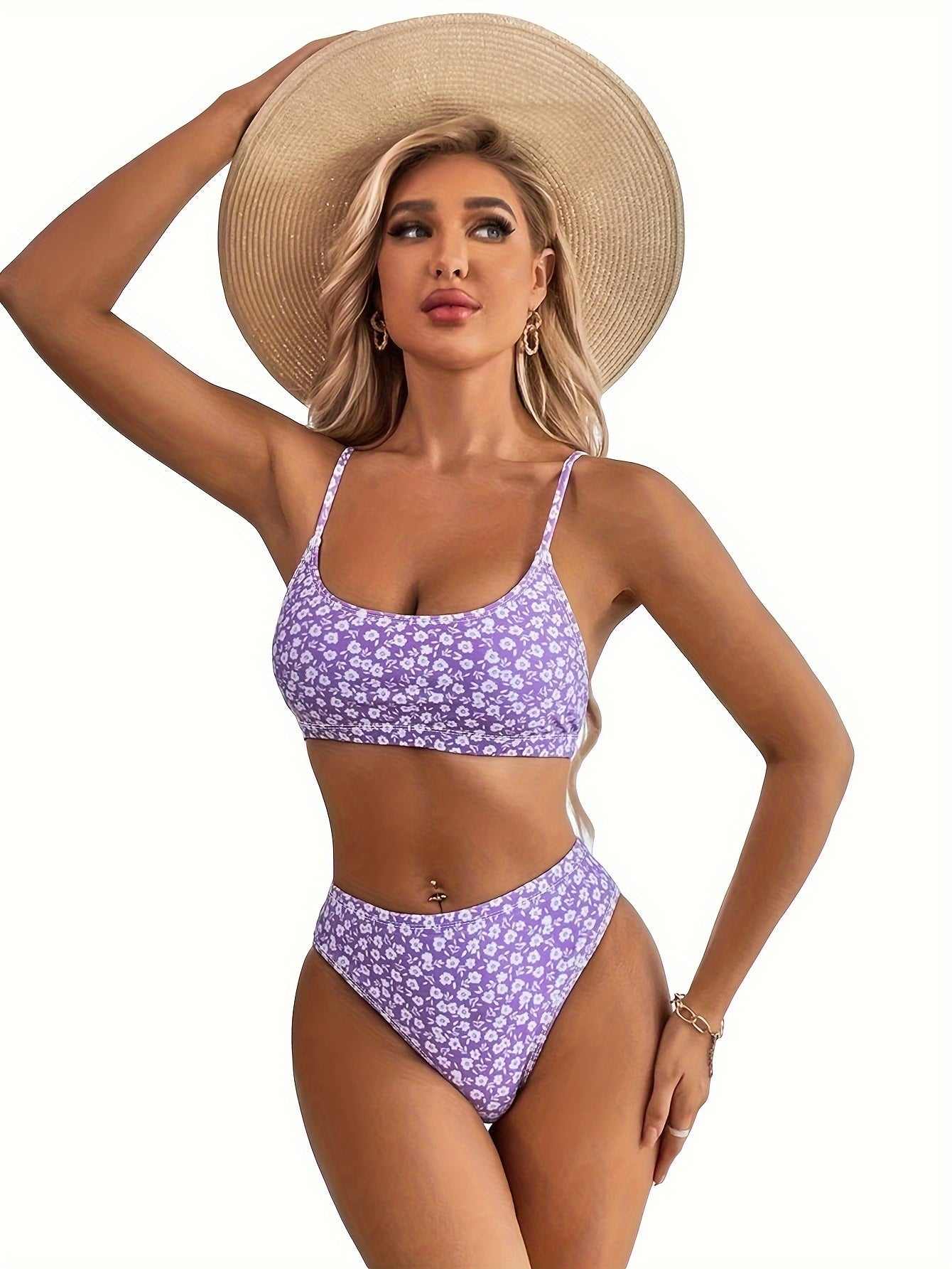 Vibrant Violet Ditsy Floral Print 2-Piece Scoop Neck Bikini Set - Stretchy High Waist, Spaghetti Strap, Comfortable, Flattering, Women's Swimwear & Clothing for Beach, Pool, Summer Vacation