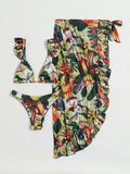 3-Pieces High Cut Floral Print Bikini Sets with Lettuce Trim Tie Back and Cover Up Skirt, Women's Swimwear