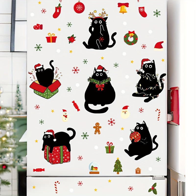 67pcs Christmas & Black Cat Themed Wall Decals - Removable PVC Window Clings for Festive Home Decor