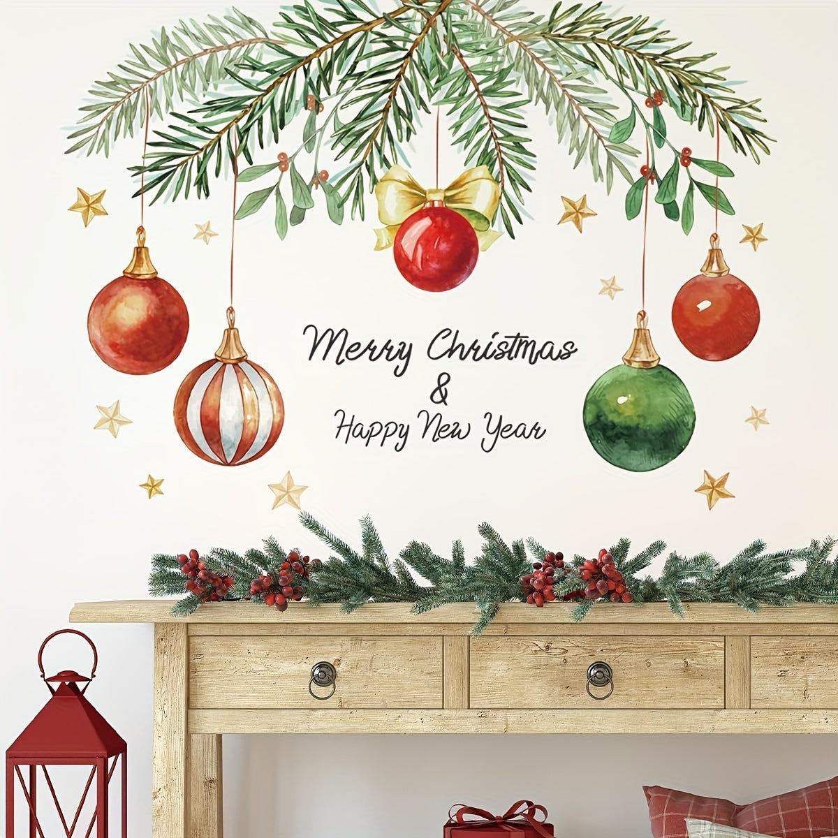 Rustic Christmas Wall Decals, "Merry Christmas & Happy New Year" Festive Wall Stickers, Removable PVC Ceramic Surface, One-Time Use, Self-Adhesive, Battery-Free, Home & Kitchen Decor