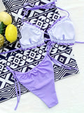 Solid Color 2 Piece Set Bikini, Frill Trim Halter Bra & Thong Bottom Swimsuits, Women's Adjustable Swimwear & Clothing