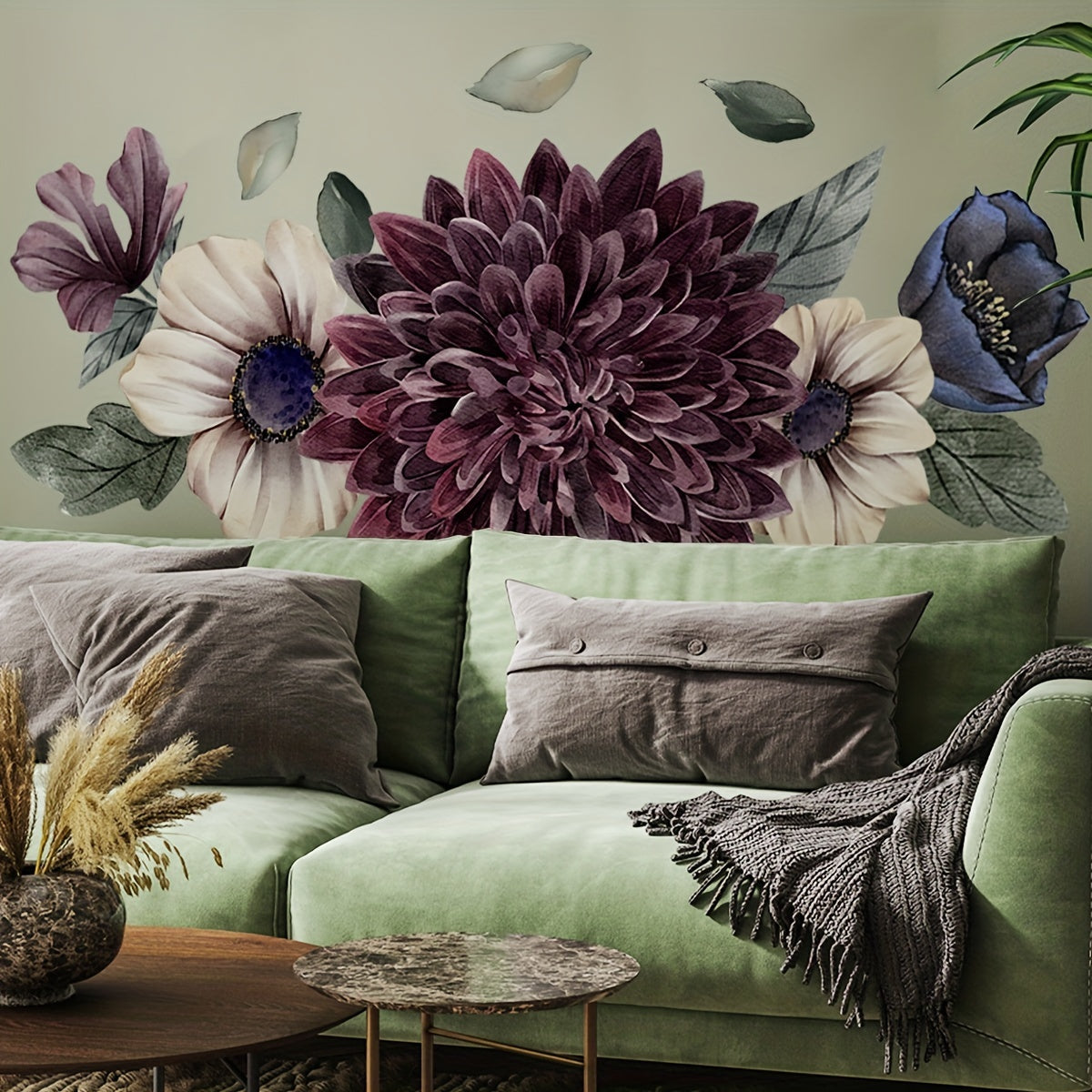 Large 3D Floral Wall Decals - Self-Adhesive, Invisible Glue, Perfect for Living Room & Bedroom Decor, Matte Finish, Multi-Surface Compatible