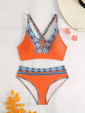 2 Piece Set V Neck High Cut Random Print Bikini, Contrast Color Women's Swimwear & Clothing