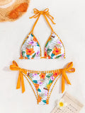 Elegant Floral Print Bikini Set for Women - High-Stretch, V-Neckline, Tie-Side High-Cut Bottoms & Halter Top, Non-Transparent, Machine Washable Polyester & Elastane Blend, Perfect for Beach & Poolside