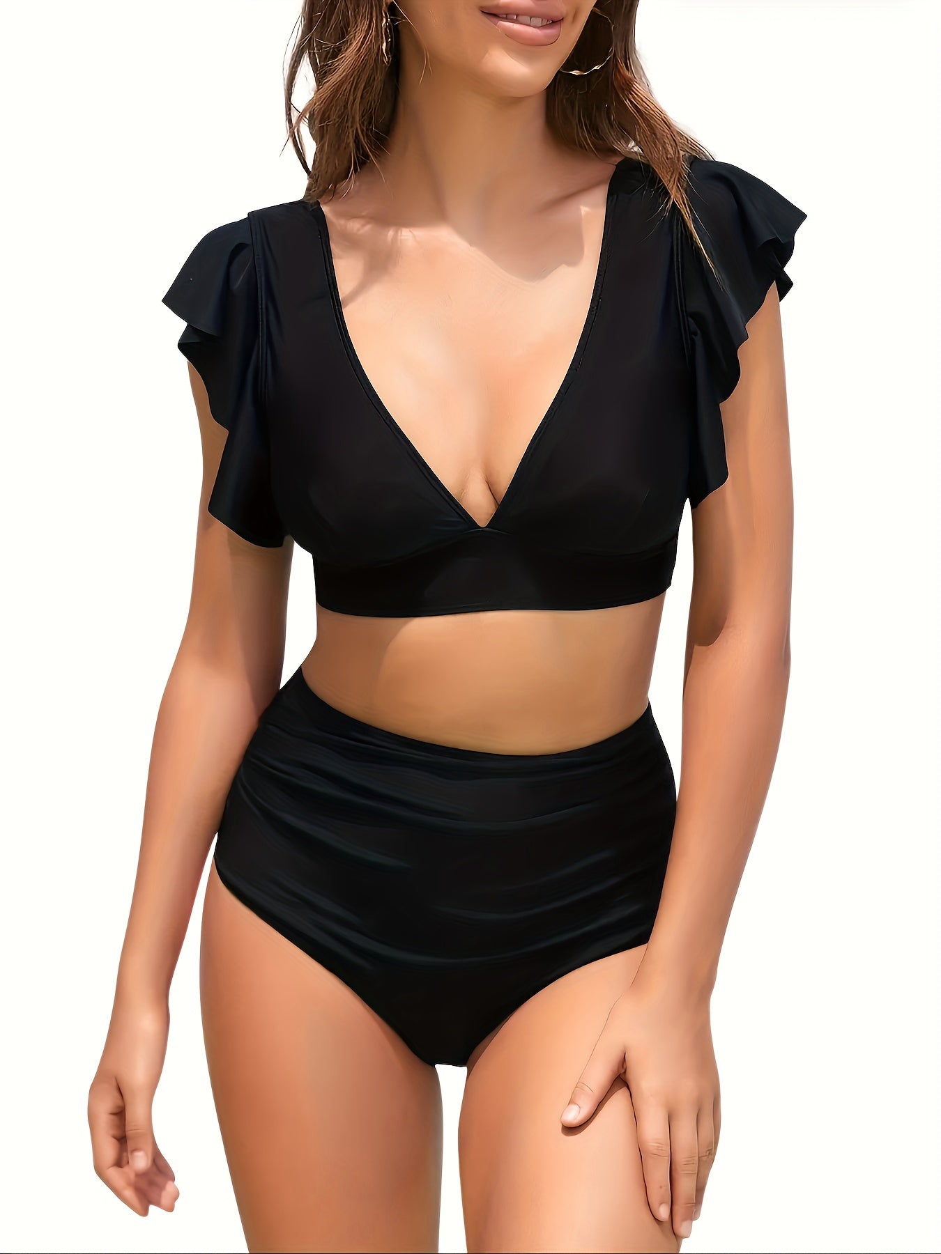 Plain Black Color Ruffled Deep V Neck High Waist 2 Piece Set Bikini Swimsuits, Women's Swimwear & Clothing