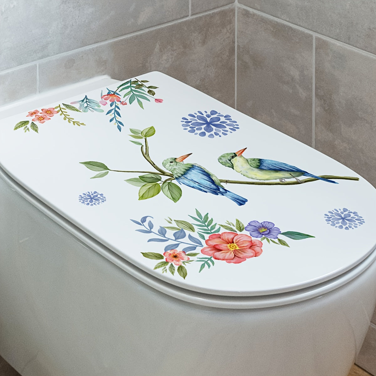 Charming Bird & Floral Toilet Lid Decal - Matte Finish, Self-Adhesive Bathroom Wall Sticker for Easy Installation