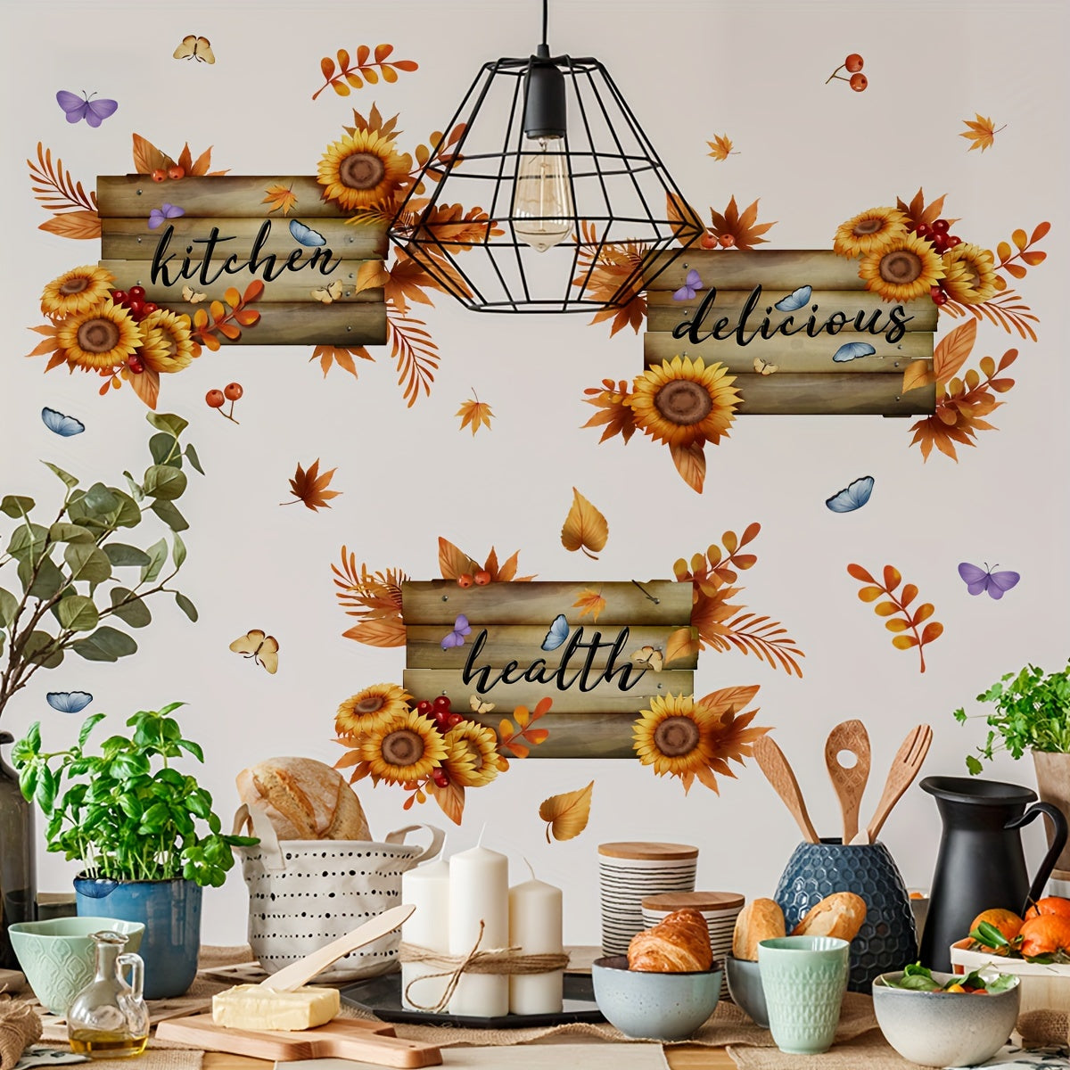 3pcs Thanksgiving Autumn Decor Set - Sunflower & Butterfly Kitchen Wall Stickers, Vinyl, Easy Apply