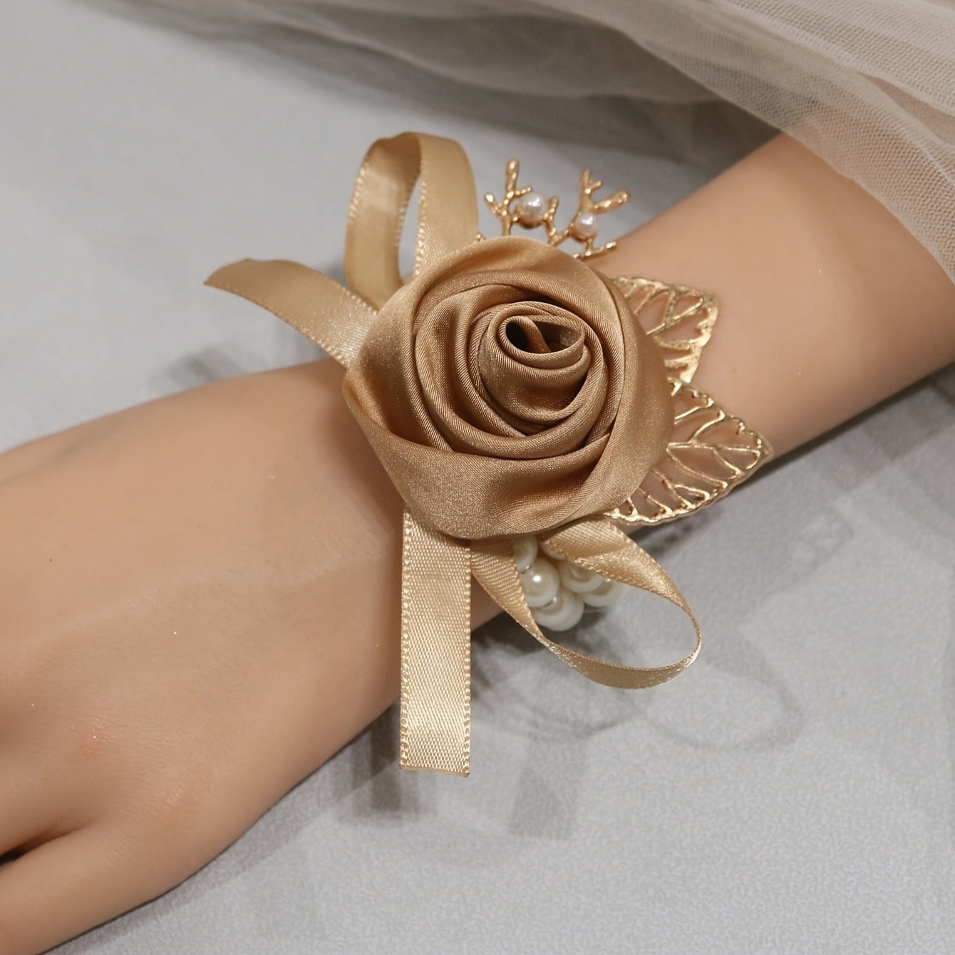 Elegant Champagne Rose & Faux Pearl Stretch Bracelet - Chic Polyester Fabric Wrist Corsage For Bridesmaids And Brides