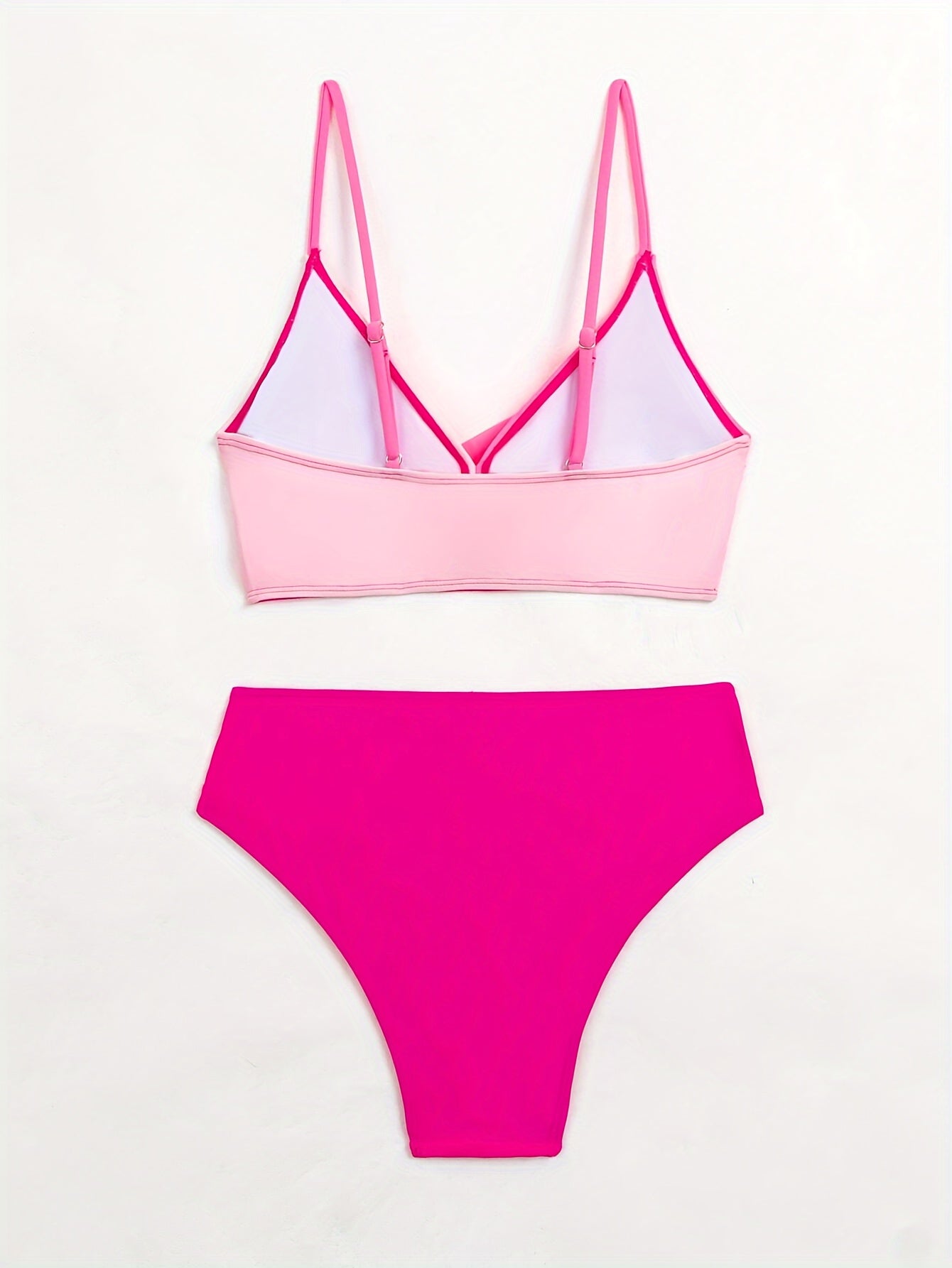 Two-Piece High-Waisted Swimsuit for Women, Fashionable Ruched Contrast Color Block Beach Swimwear