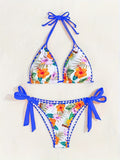 Women'S Floral Print Bikini Set, V-Neck, Side Tie, No Belt, High Elasticity, Polyester, Knit Fabric, Swimwear, Beachwear, Summer Fashion