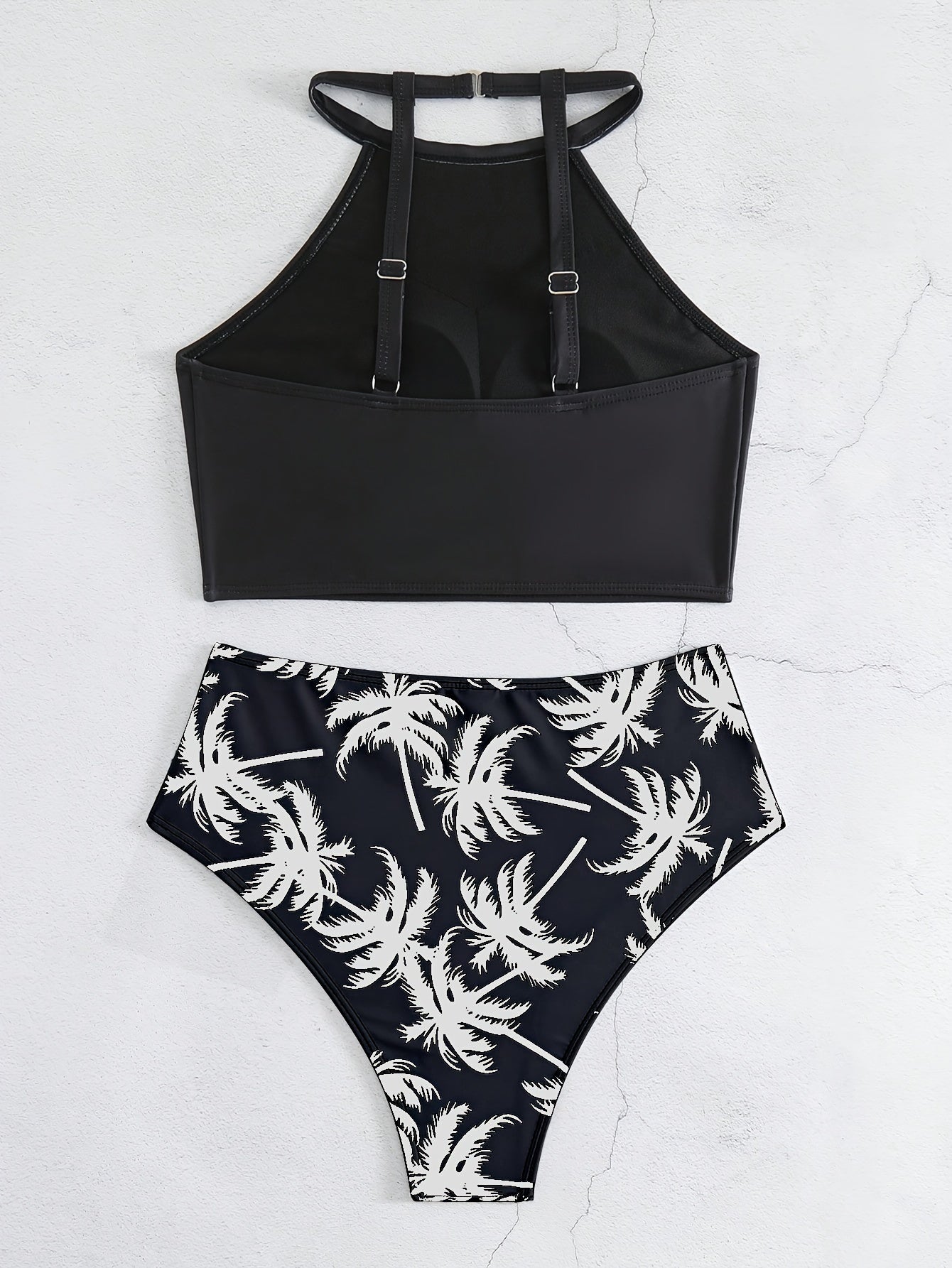 Two-Piece High-Waisted Conservative Bikini Set - Soft High Stretch Polyester, Coconut Palm Print, Random Printing, Hand Washable, Customized Knit Fabric - Perfect for Summer Beachwear and Pool Parties