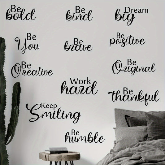 12Pcs Contemporary Inspirational Quote Wall Stickers, Graphic PVC Decals, Semi-Matte Self-Adhesive Art for Bedroom, Living Room, Door Décor, Multi-Surface Installation, Irregular Shape Motivational Phrases, Single Use Remova