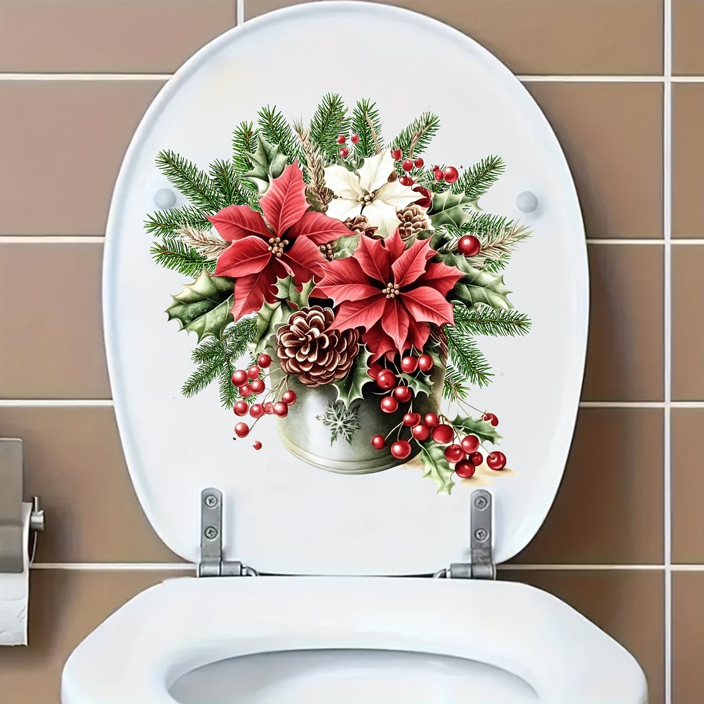 Christmas Floral & Pine Cone Toilet Decal - Easy Stick, Removable Bathroom Sticker for Festive Decor