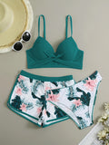 3 Piece Set Floral Leaf Print Swimsuits - Women's Swimwear Sets with Cross Spaghetti Strap Push Up Bikini, Boxer Shorts, Stretchy Fabric, and Comfortable Design for Beach and Pool