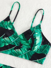 Stylish V-Neck Tie-Side Bikini Sets - High-Waist Two-Piece Swimsuit with Green Leaf Print, Adjustable Straps, and Flattering Cut - Perfect for Summer Beach Vacations and Pool Parties