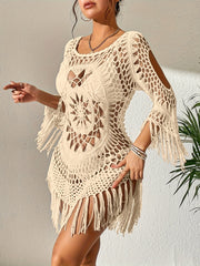 Vibrant Vacay Style Knitted Fringe Boho Cover Up Dress - Women's Swimwear & Clothing - See-Through, Hollow Out, Without Bikini, Flowy, Relaxed Fit, Beachy Chic, Summer Essential