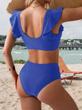 Chic V-Neck Ruffle-Edge Two-Piece Swimsuit - High-Waisted Bottoms, Sleeveless Top, Soft Knit Polyamide Blend Fabric, No Belt, Comfortable Fit - Perfect for Beach Vacation and Summer Fun