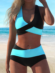 2 Piece Color Block Halter Bikini Set - Twist Tie Neck, Medium Stretch, Comfortable, Flattering, Women's Swimwear & Clothing for Beach Vacation