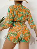 3-Piece Leaf Print Bikini Set - Flattering Halter Neck, High Waist, Adjustable Drawstring Cover Up - Perfect for Koningsdag/Kings Day Celebrations - Stylish Womens Swimwear Ensemble
