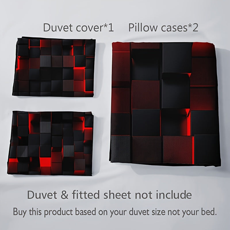 3-Piece Red Grid Duvet Cover Set - Ultra-Soft, Breathable Fabric - Includes 1 Duvet Cover & 2 Pillowcases for Comfortable Sleep - Ideal for Master & Guest Bedrooms