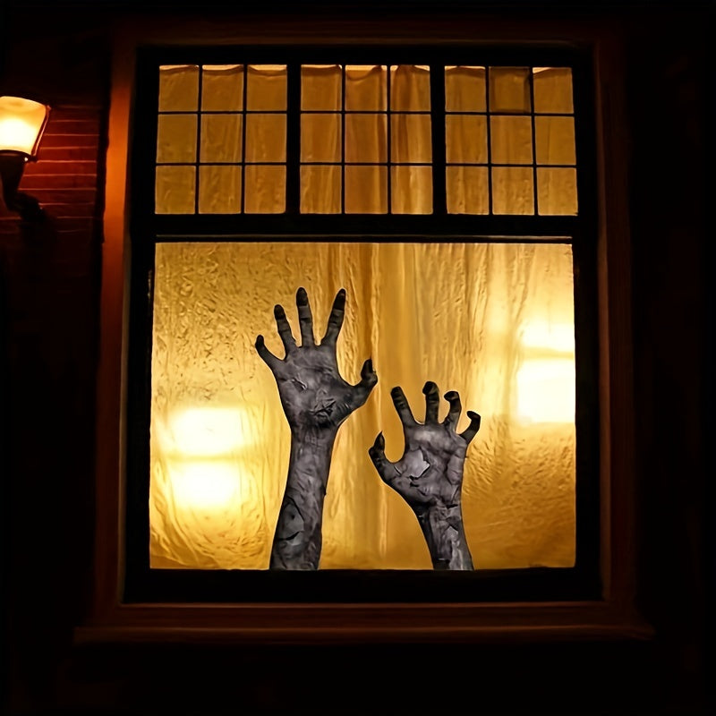 Classic Horror Themed PVC Wall Decals, Self-Adhesive Glass Surface Applicable, Halloween Zombie Hands and Dripping Blood Window Clings, Single-Use Matte Finish Vinyl Decor