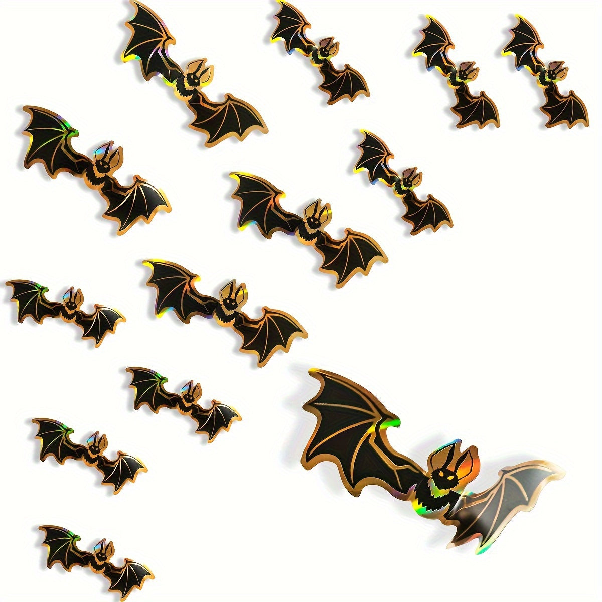 Classic Shimmery 3D Bat Wall Decals, 12-Piece Set, Polyvinyl Chloride, Ceramic Surface Compatible, Single-Use, Self-Adhesive Halloween Wall Decorations