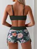 2-Piece Green Tropical Floral Bikini Set, High-Waisted & Stretchy with Spaghetti Straps, Ideal for Beachwear & Poolside Fashion – Women’s Vibrant Swimwear Ensemble