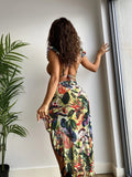3-Pieces High Cut Floral Print Bikini Sets with Lettuce Trim Tie Back and Cover Up Skirt, Women's Swimwear