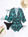 3-Piece Leaf Print Bikini Set - Flattering Halter Neck, High Waist, Adjustable Drawstring Cover Up - Perfect for Koningsdag/Kings Day Celebrations - Stylish Womens Swimwear Ensemble